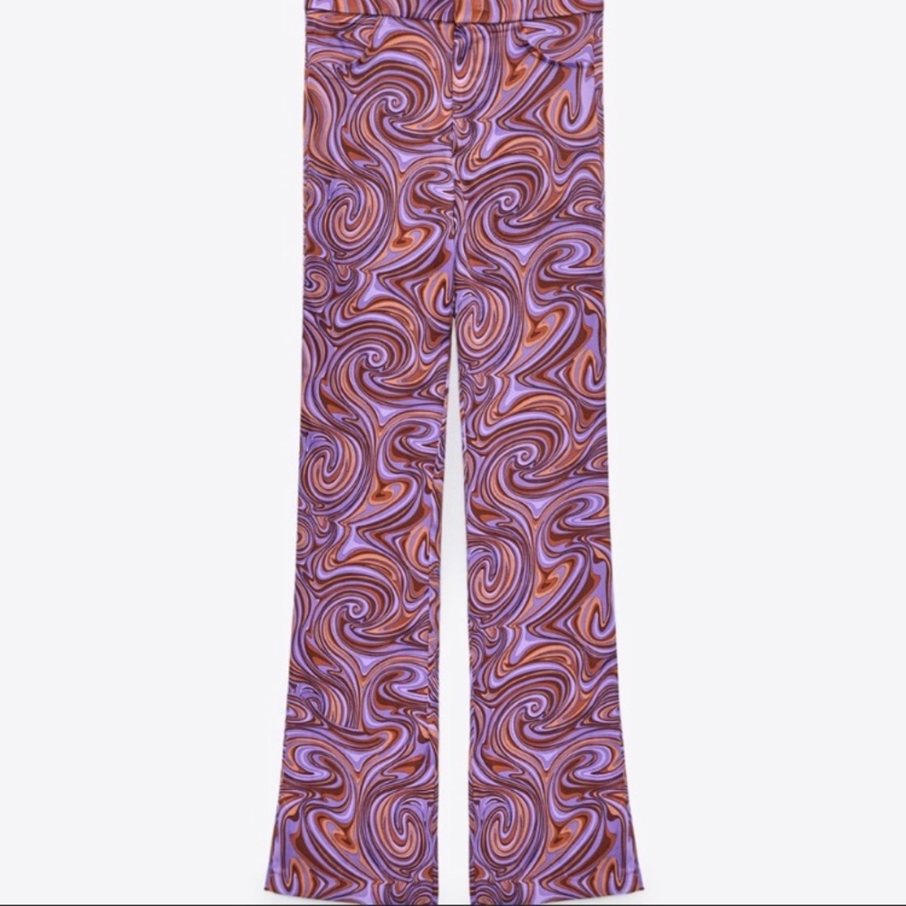 ZARA printed flare high waisted pants. Retro swirl pattern.